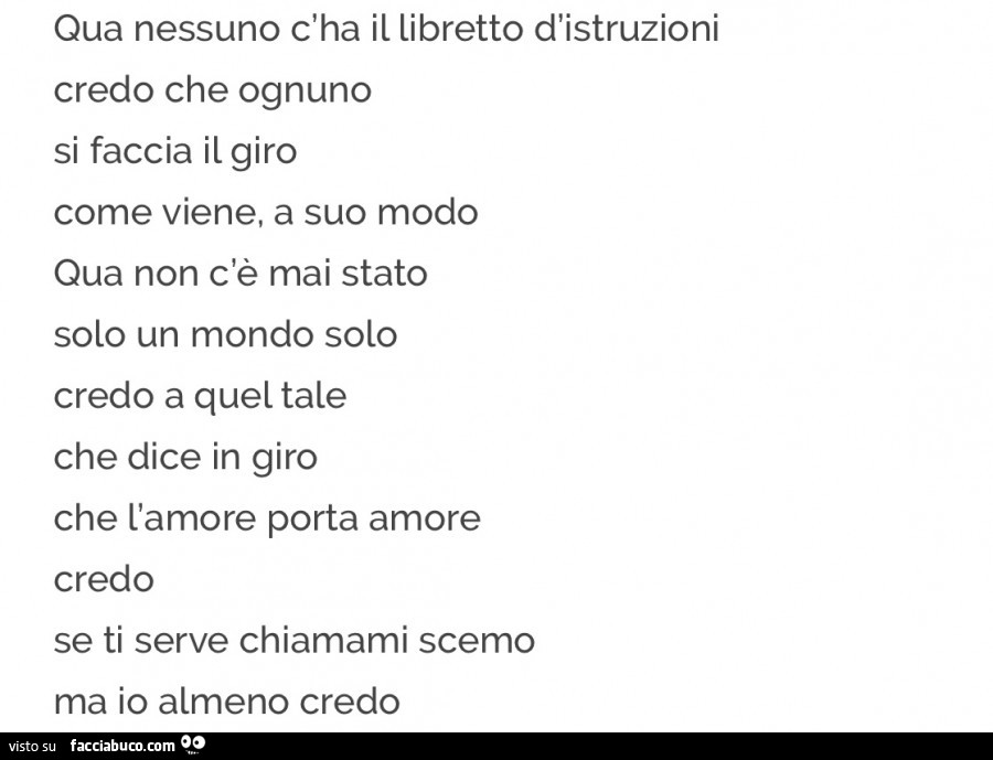 Qua nessuno c'ha il libretto d'istruzioni credo che ognuno si faccia il giro come viene, a suo modo qua non c'è mai stato solo un mondo solo credo a quel tale che dice in giro che l'amore porta amore credo se ti serve