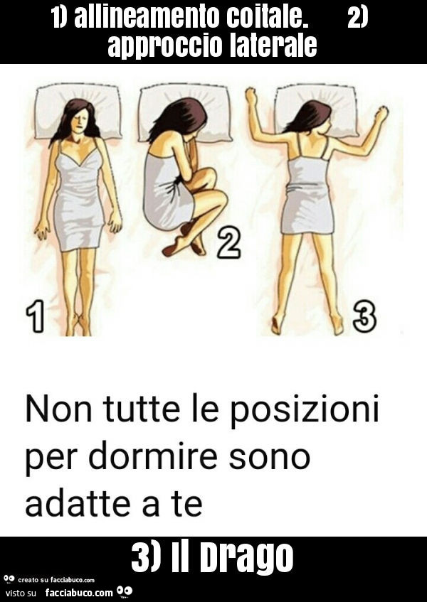1) allineamento coitale. 2) approccio laterale 3) il drago