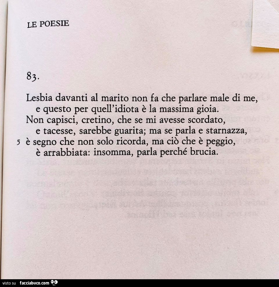Lesbia davanti al marito non fa che parlare male di me, e questo per quell'idiota è la massima gioia. Non capisci, cretino, che se mi avesse scordato, e tacesse, sarebbe guarita; ma se parla e starnazza