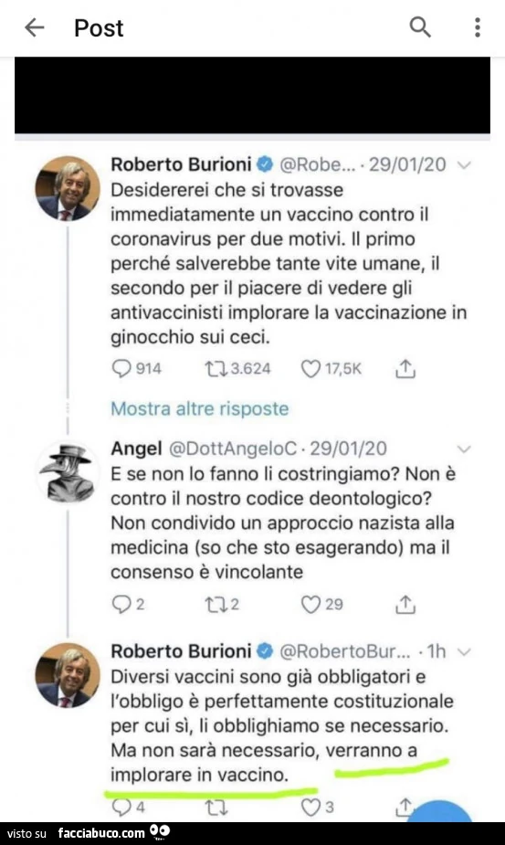 Desidererei che si trovasse immediatamente un vaccino contro il coronavirus per due motivi. Il primo perché salverebbe tante vite umane, il secondo per il piacere di vedere gli antivaccinisti implorare la vaccinazione in ginocchio