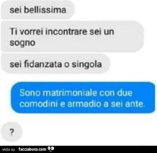 Sei bellissima ti vorrei incontrare sei un sogno sei fidanzata o singola. Sono matrimoniale con due comodini e armadio a sei ante