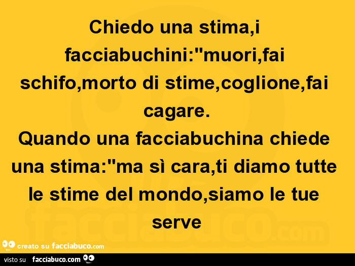 Chiedo una stima, i facciabuchini: "muori, fai schifo, morto di stime, coglione, fai cagare. Quando una facciabuchina chiede una stima: "ma sì cara, ti diamo tutte le stime del mondo, siamo le tue serve