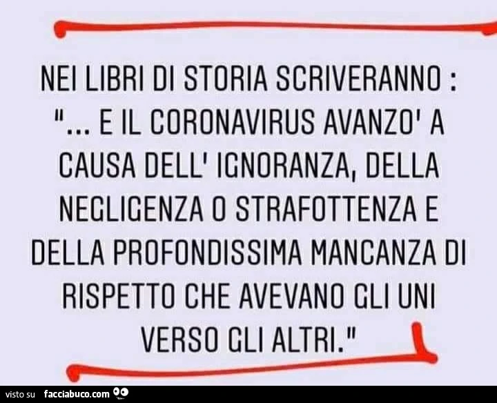 Nei libri di storia scriveranno: e il coronavirus avanzò a causa dell'ignoranza, della negligenza o strafottenza e della profondissima mancanza di rispetto che avevano gli uni verso gli altri