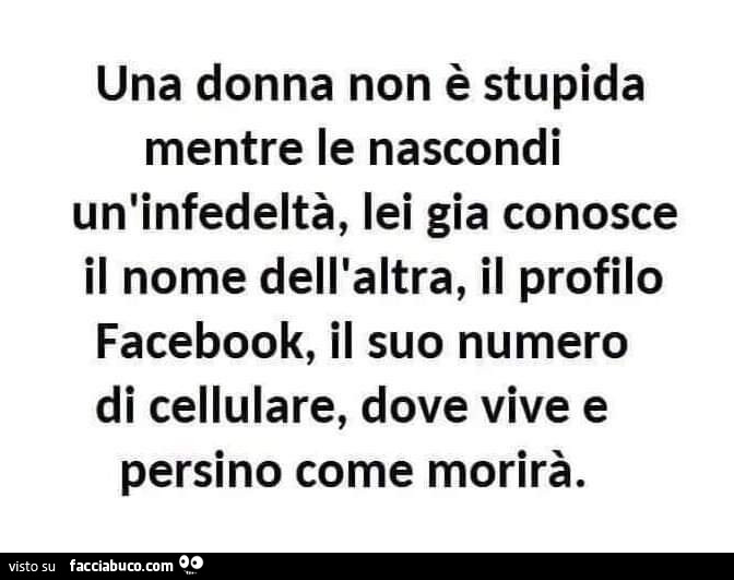 Una donna non è stupida mentre le nascondi un'infedeltà, lei gia conosce il nome dell'altra, il profilo facebook, il suo numero di cellulare, dove vive e persino come morirà