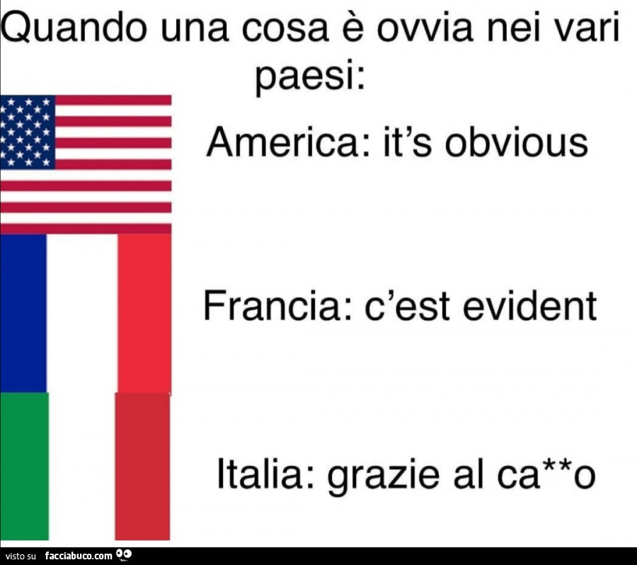 Quando una cosa è ovvia nei vari paesi: america: it's obvious francia: c'est evident italia: grazie al ca**o
