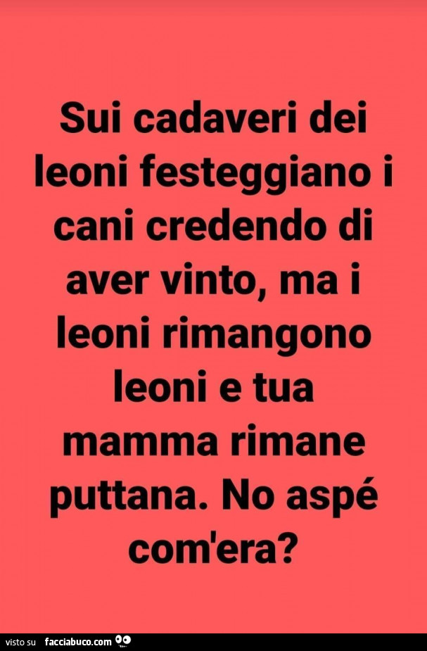 Sui cadaveri dei leoni festeggiano i cani credendo di aver vinto, ma i leoni rimangono leoni e tua mamma rimane puttana. No aspé com'era?