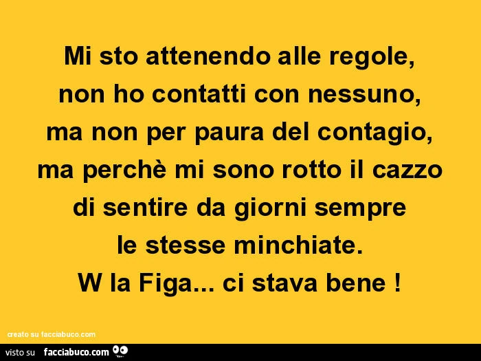 Mi sto attenendo alle regole, non ho contatti con nessuno, ma non per paura del contagio, ma perchè mi sono rotto il cazzo di sentire da giorni sempre le stesse minchiate. W la figa&hellip; ci stava bene