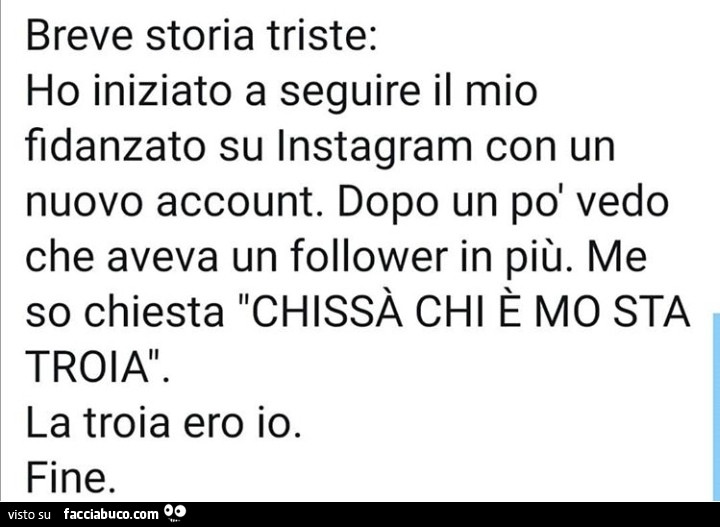 Breve storia triste: ho iniziato a seguire il mio fidanzato su instagram con un nuovo account. Dopo un po' vedo che aveva un follower in più. Me so chiesta chissà chi è mo sta troia. La troia ero io. Fine