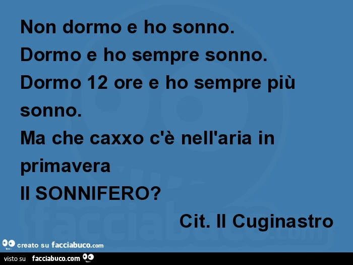 Non dormo e ho sonno. Dormo e ho sempre sonno. Dormo 12 ore e ho sempre più sonno. Ma che caxxo c'è nell'aria in primavera il sonnifero? Cit. Il cuginastro