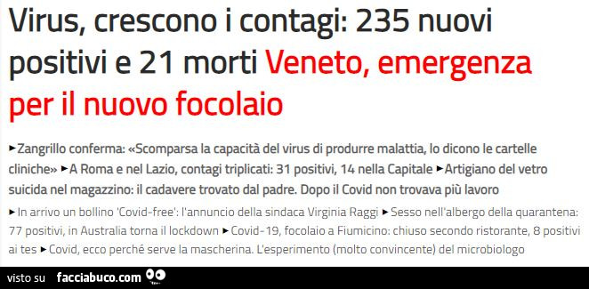 Virus, crescono i contagi: 235 nuovi positivi e 21 morti, veneto, emergenza per il nuovo focolaio