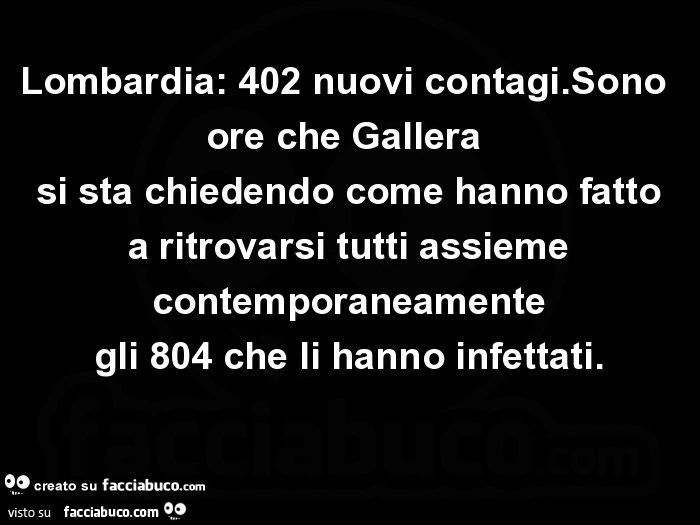 Lombardia: 402 nuovi contagi. Sono ore che gallera si sta chiedendo come hanno fatto a ritrovarsi tutti assieme contemporaneamente gli 804 che li hanno infettati