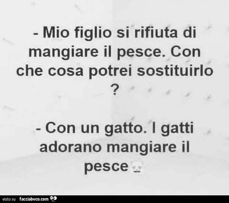 Mio figlio si rifiuta di mangiare il pesce. Con che cosa potrei sostituirlo con un gatto. I gatti adorano mangiare il pesce