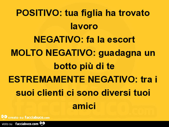 Positivo: tua figlia ha trovato lavoro negativo: fa la escort molto negativo: guadagna un botto più di te estremamente negativo: tra i suoi clienti ci sono diversi tuoi amici