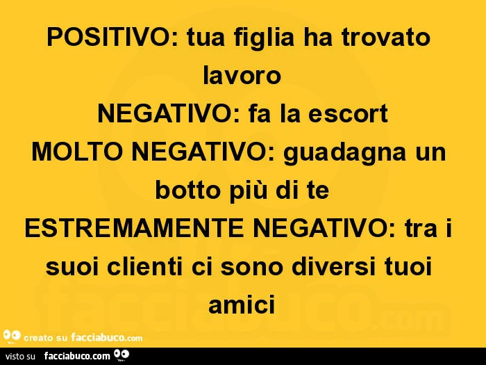 Positivo: tua figlia ha trovato lavoro negativo: fa la escort molto negativo: guadagna un botto più di te estremamente negativo: tra i suoi clienti ci sono diversi tuoi amici
