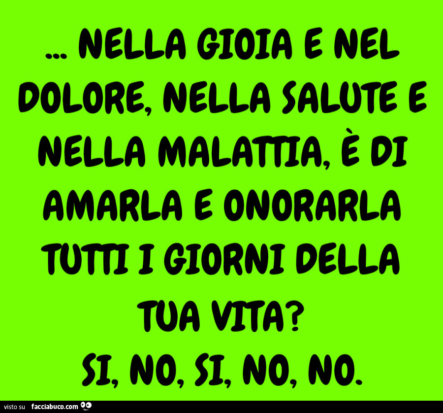 Nella gioia e nel dolore, nella salute e nella malattia, è di amarla e onorarla tutti i giorni della tua vita? Si, no, si, no, no