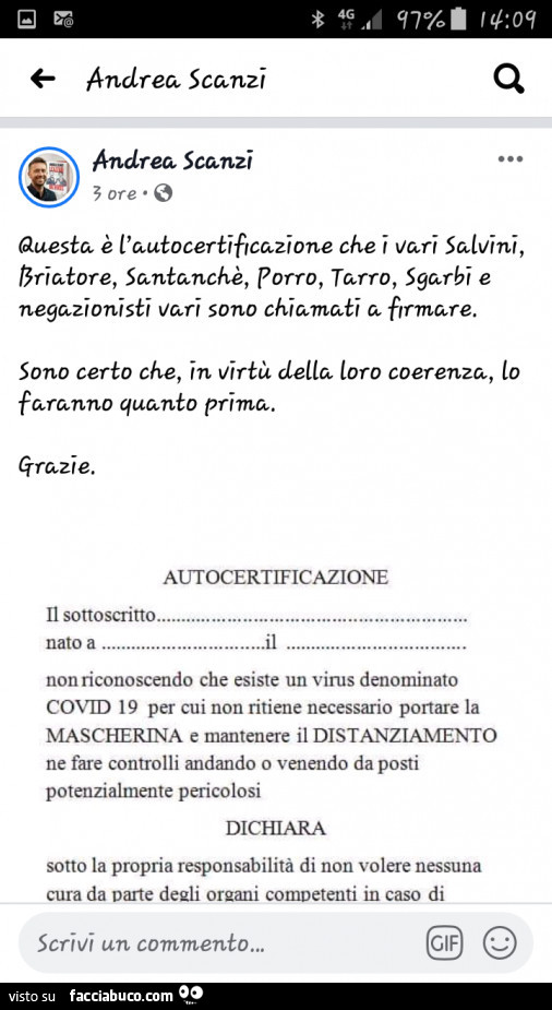 Questa è l'autocertificazione che i vari Salvini, Briatore, Santanchè, Porro e negazionisti vari sono chiamati a firmare