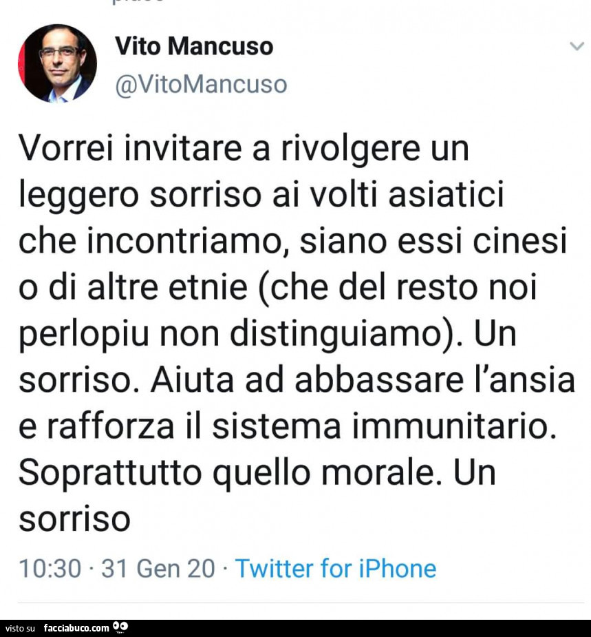 Vorrei invitare a rivolgere un leggero sorriso ai volti asiatici che incontriamo, siano essi cinesi o di altre etnie (che del resto noi perlopiu non distinguiamo). Un sorriso. Aiuta ad abbassare l'ansia e rafforza il sistema immunitario