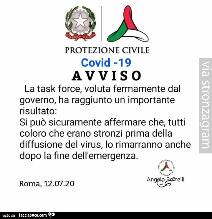 Protezione civile covid 19 avviso la task force, voluta fermamente dal governo, ha raggiunto un importante risultato: si può sicuramente affermare che, tutti coloro che erano stronzi prima