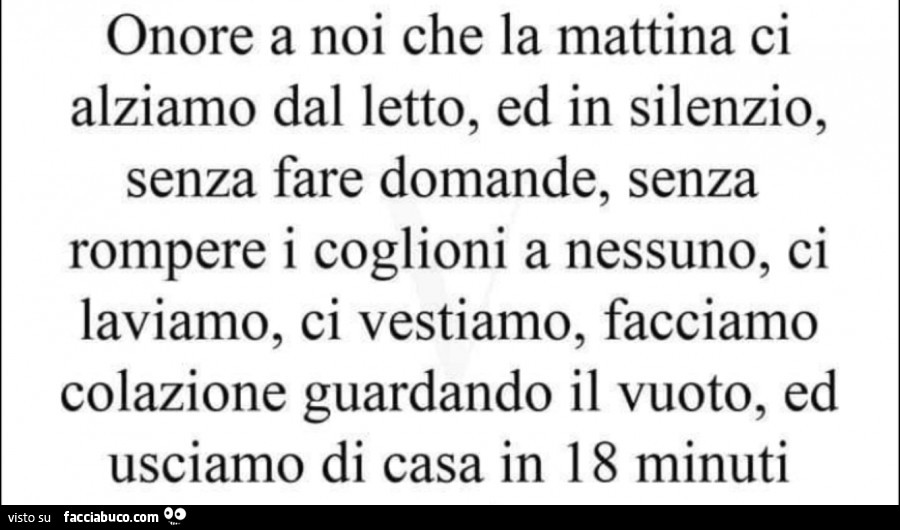 Onore a noi che la mattina ci alziamo dal letto, ed in silenzio, senza fare domande, senza rompere i coglioni a nessuno, ci laviamo, ci vestiamo, facciamo colazione guardando il vuoto, ed usciamo di casa in 18 minuti