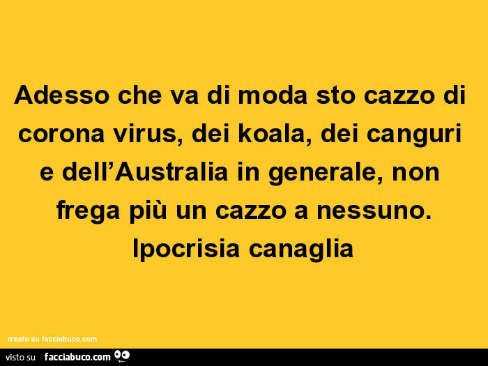 Adesso che va di moda sto cazzo di corona virus, dei koala, dei canguri e dell'australia in generale, non frega più un cazzo a nessuno. Ipocrisia canaglia