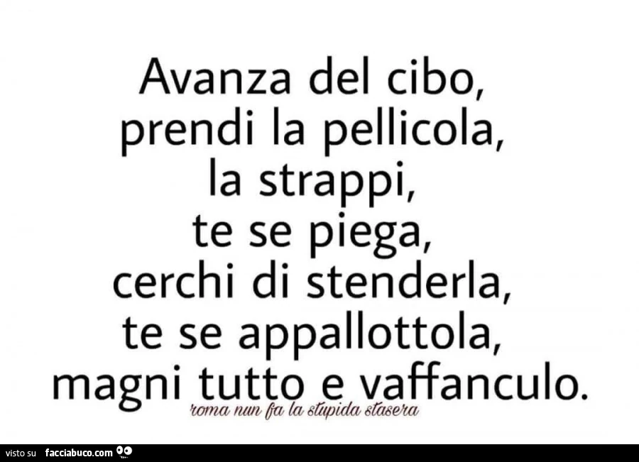 Avanza del cibo, prendi la pellicola, la strappi, te se piega, cerchi di stenderla, te se appallottola, magni tutto e vaffanculo