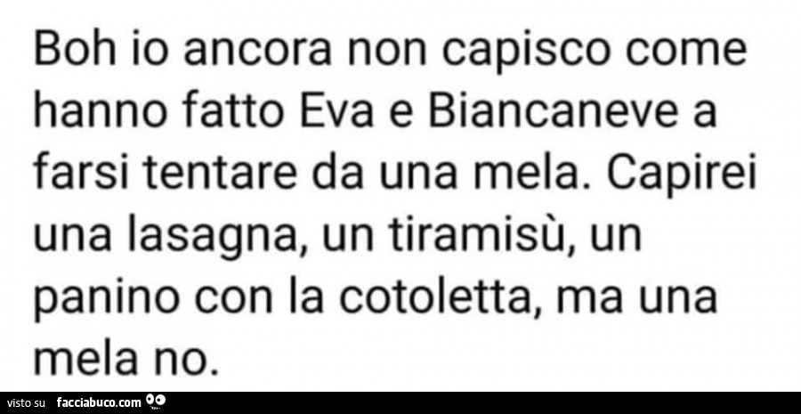Boh io ancora non capisco come hanno fatto eva e biancaneve a farsi tentare da una mela. Capirei una lasagna, un tiramisù, un panino con la cotoletta, ma una mela no