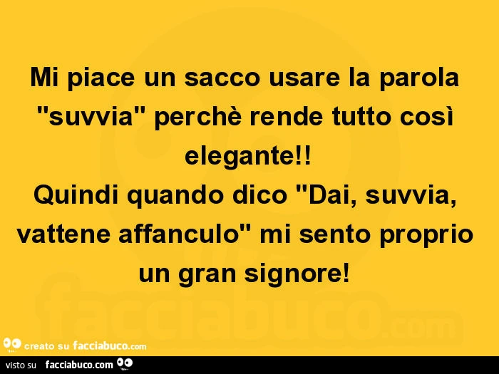 Mi piace un sacco usare la parola suvvia perchè rende tutto così elegante! Quindi quando dico Dai, suvvia, vattene affanculo mi sento proprio un gran signore