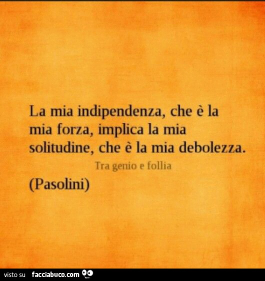 La mia indipendenza, che è la mia forza, implica la mia solitudine, che è la mia debolezza. Pasolini