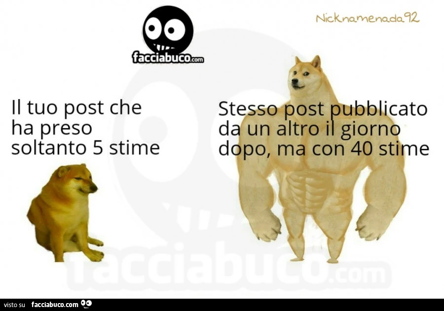 Il tuo post che ha preso soltanto 5 stime. Stesso post pubblicato da un altro il giorno dopo, ma con 40 stime