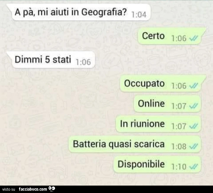 A pà, mi aiuti in geografia? Certo. Dimmi 5 stati. Occupato online in riunione batteria quasi scarica disponibile