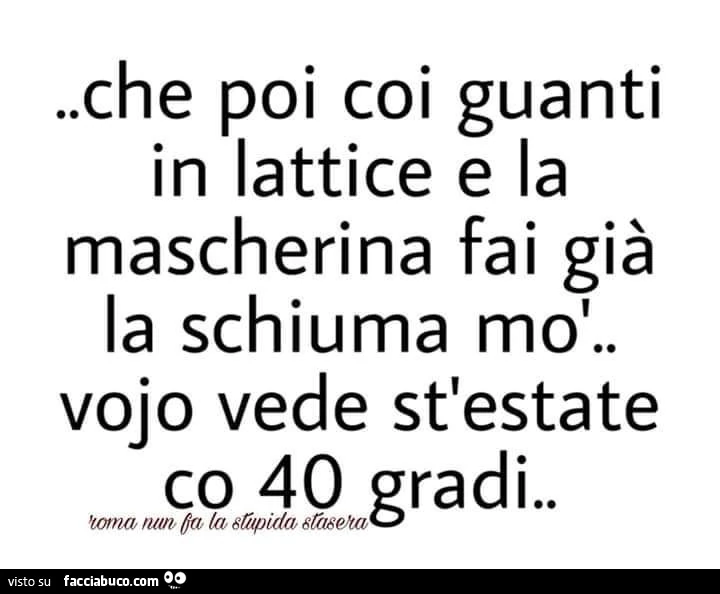Che poi coi guanti in lattice e la mascherina fai già la schiuma mò. Vojo vede st'estate co 40 gradi